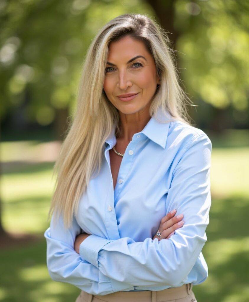 Sayra C Besner headshot wearing a light blue oxford button down with a green park background